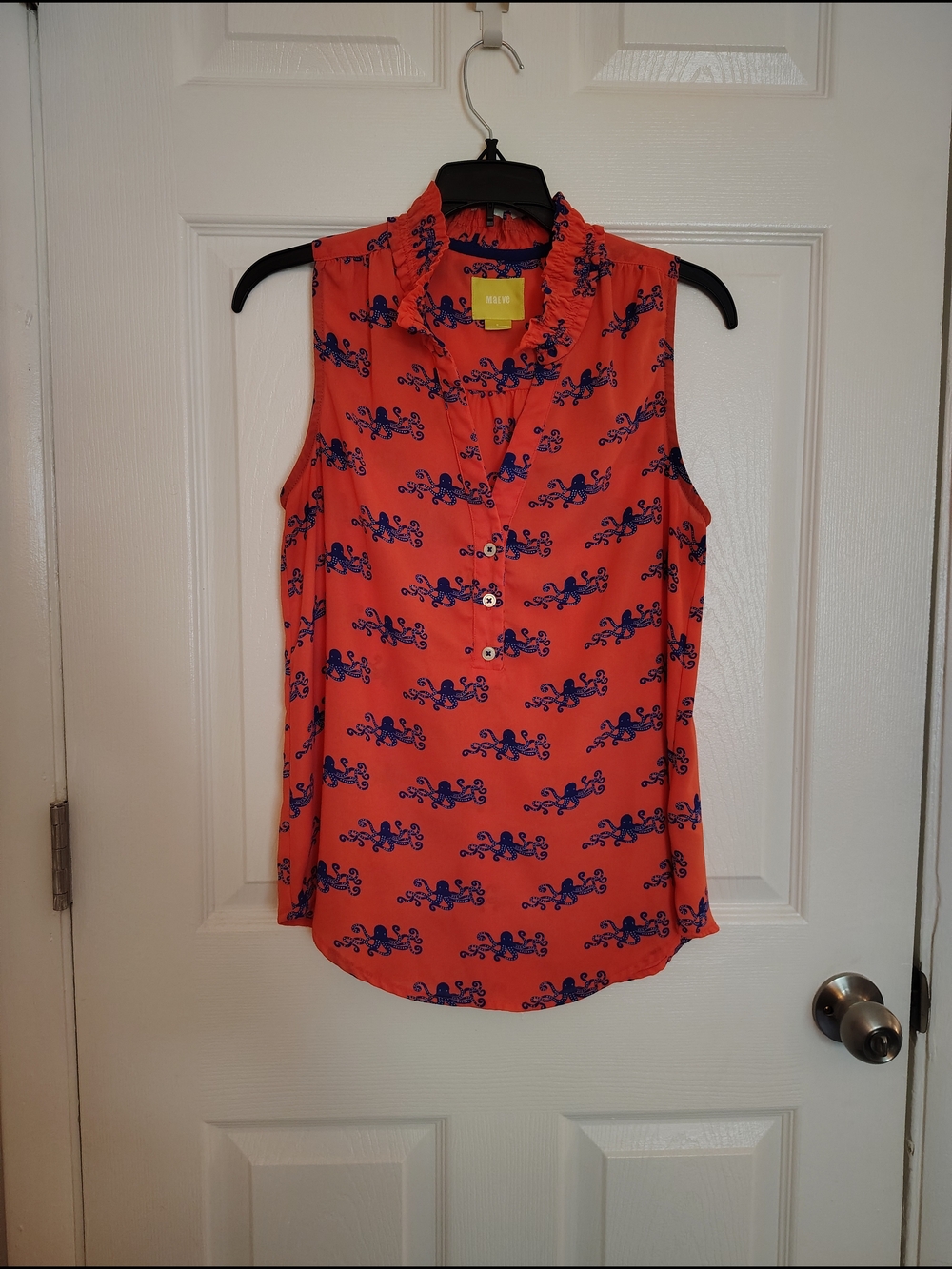 Maeve Coral Sleeveless Ruffle Collar Button-Front Blouse with Navy Octopus Print